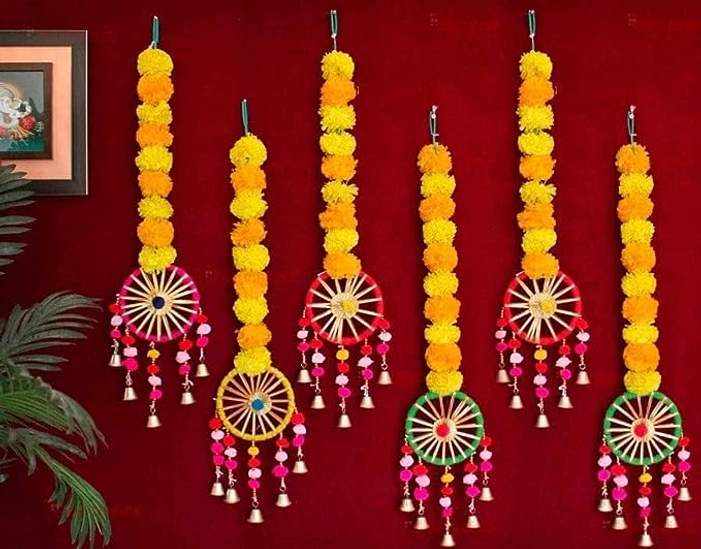 Artificial Marigold Flowers Wall Door Hanging Latkan Toran with Pom Pom Bells for Home Wedding Stage Backdrop Decoration (Set of 6Pc, Orange & Yellow)