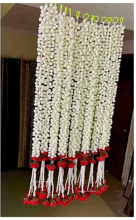 jasmine Buds & Clustered Rose Strings forHousewarming Decorations Approx 2.5 ft - Number of Strings- (Red, 6)