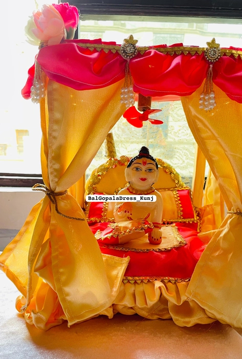 Beautifully designed Royal Look Laddoo Gopal Ji Wooden  fan, light bed for Krishna ji