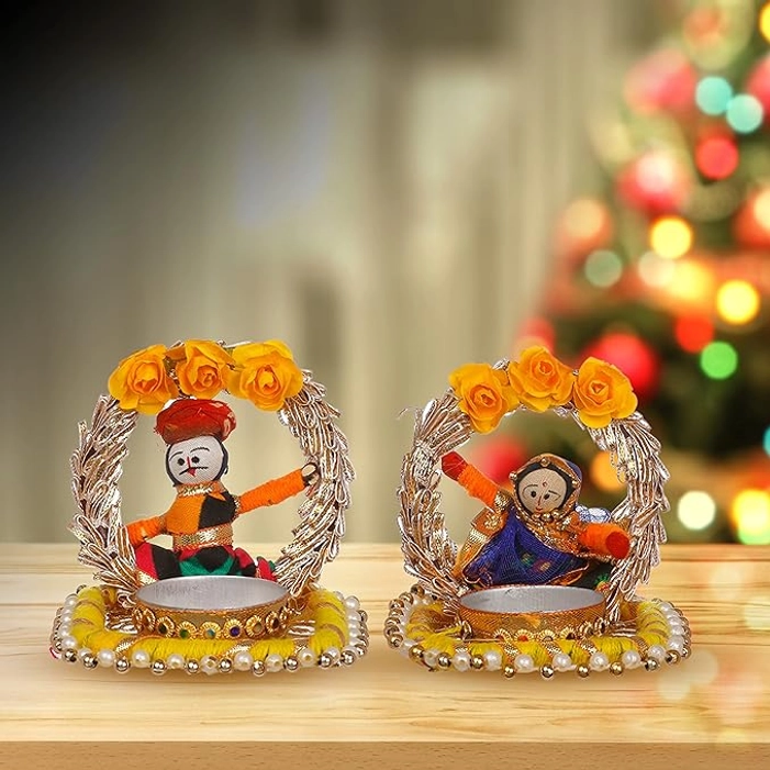 Rajasthani Raja Rani Puppet/Dolls Decorative Jharokha Tealight Candle Holder (2 Pair)(4 Candle Holders), Recycled Material