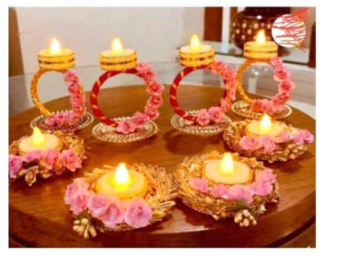 Artificial Flowers Tealight Holder Rangoli Mats for Home Decoration - 8 Pieces- LED Lights