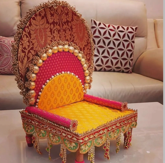 Yellow Red wooden Designer Singhasan