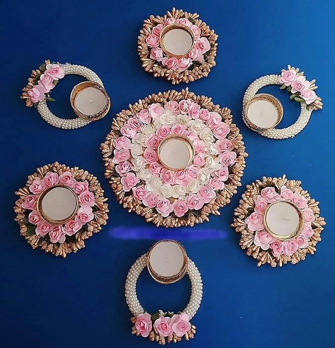 7 Rangoli Candle Holders/Diwali Decoration/Rose Rangoli Floor Decorations